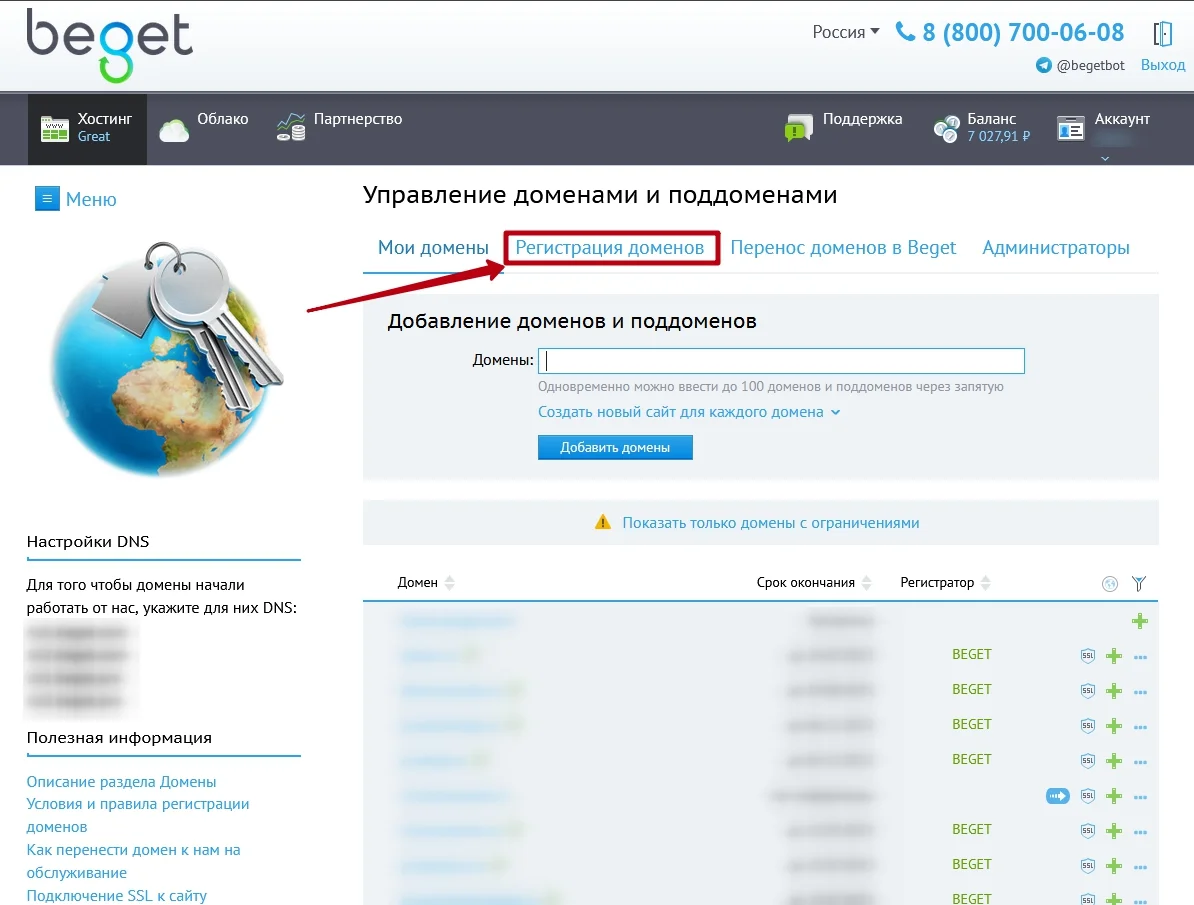 Регистрация домена на хостинге "Бегет", шаг 2