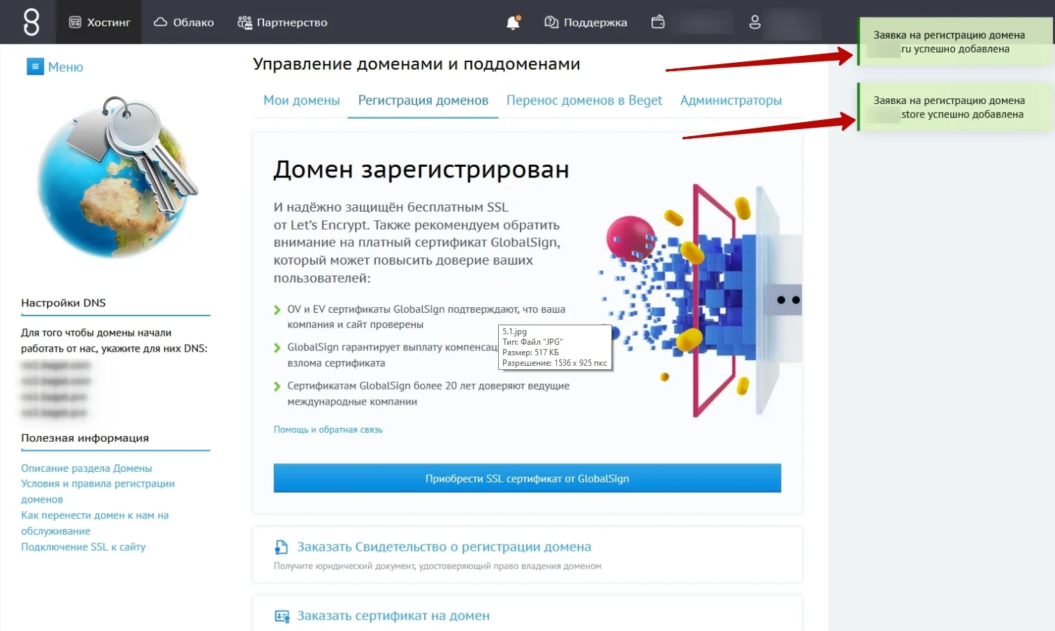 Регистрация домена на хостинге "Бегет", шаг 5